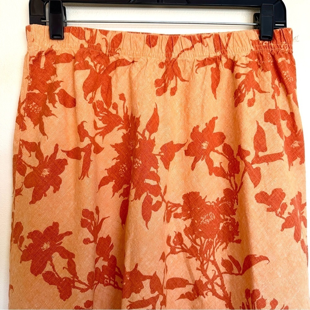 Orvis Linen Blend Orange Floral Elastic Waist Maxi Skirt Women’s Size Medium - Picture 2 of 9